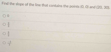 Find the slope of the line that contains the points (0,0) and (20,30).
0
 2/3 
 3/2 
 (-3)/2 