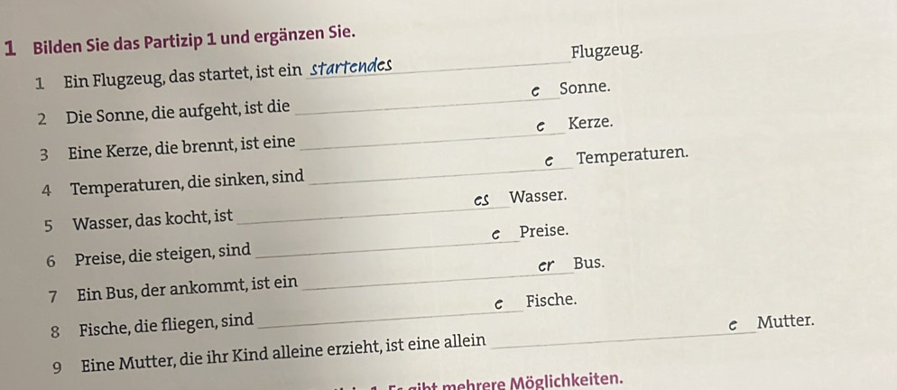 Bilden Sie das Partizip 1 und ergänzen Sie. 
Flugzeug. 
1 Ein Flugzeug, das startet, ist ein startendes_ 
_ 
2 Die Sonne, die aufgeht, ist die _c£Sonne. 
C Kerze. 
3 Eine Kerze, die brennt, ist eine
4 Temperaturen, die sinken, sind_ Temperaturen. 
5 Wasser, das kocht, ist _cs Wasser. 
6 Preise, die steigen, sind _c£ Preise. 
7 Ein Bus, der ankommt, ist ein _er Bus. 
8 Fische, die fliegen, sind _c Fische. 
9 Eine Mutter, die ihr Kind alleine erzieht, ist eine allein _c Mutter. 
iht ehrere M öglichkeiten.