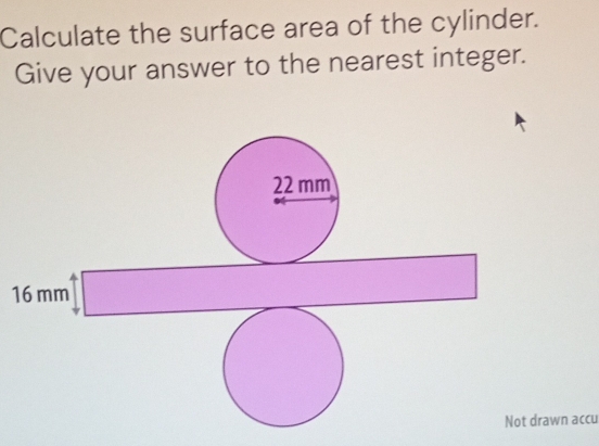 Calculate the surface area of the cylinder.
Give your answer to the nearest integer.
(□)^ □ 
Not drawn accu