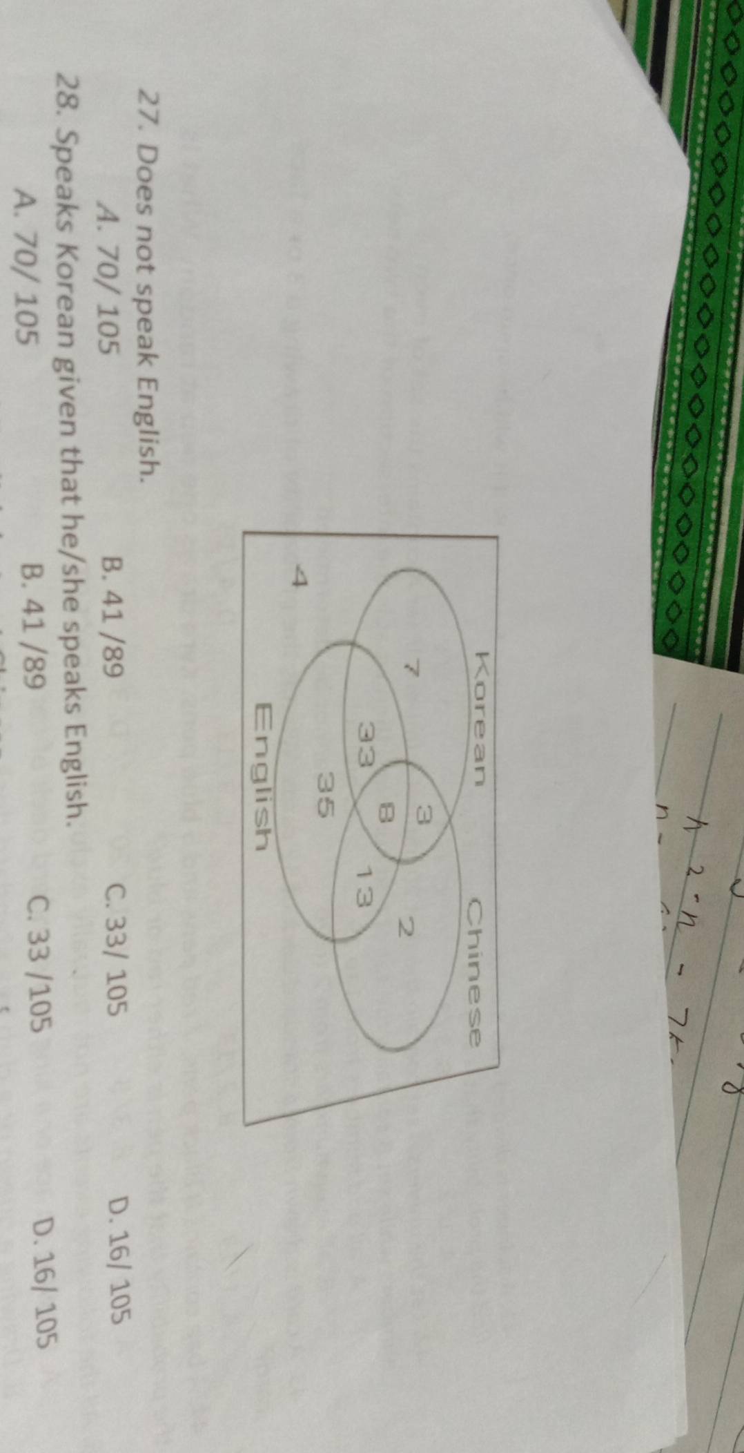 Does not speak English.
A. 70/ 105 B. 41 /89 C. 33/ 105 D. 16/ 105
28. Speaks Korean given that he/she speaks English.
A. 70/ 105 B. 41 /89 C. 33 /105 D. 16/ 105