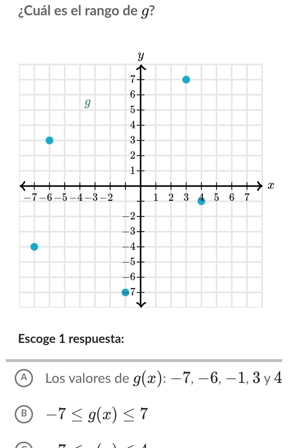 ¿Cuál es el rango de g?
Escoge 1 respuesta:
A Los valores de g(x):-7, -6, -1, 3 y 4
B -7≤ g(x)≤ 7