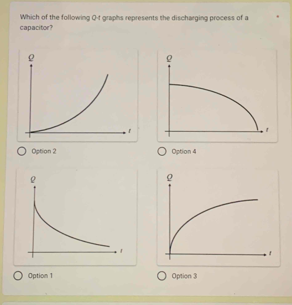 Which of the following Q -t graphs represents the discharging process of a
capacitor?
Option 2 Option 4
Option 1 Option 3