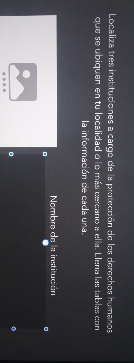 Localiza tres instituciones a cargo de la protección de los derechos humanos 
que se ubiquen en tu localidad o lo más cercano a ella. Llena las tablas con 
la información de cada una. 
Nombre de la institución