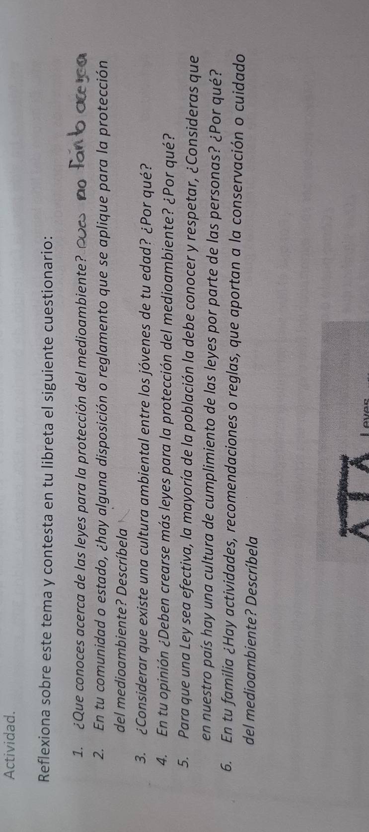 Actividad. 
Reflexiona sobre este tema y contesta en tu libreta el siguiente cuestionario: 
1. ¿Que conoces acerca de las leyes para la protección del medioambiente? 
2. En tu comunidad o estado, ¿hay alguna disposición o reglamento que se aplique para la protección 
del medioambiente? Descríbela 
3. ¿Considerar que existe una cultura ambiental entre los jóvenes de tu edad? ¿Por qué? 
4. En tu opinión ¿Deben crearse más leyes para la protección del medioambiente? ¿Por qué? 
5. Para que una Ley sea efectiva, la mayoría de la población la debe conocer y respetar, ¿Consideras que 
en nuestro país hay una cultura de cumplimiento de las leyes por parte de las personas? ¿Por qué? 
6. En tu familia ¿Hay actividades, recomendaciones o reglas, que aportan a la conservación o cuidado 
del medioambiente? Descríbela 
Levec