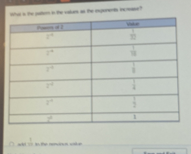 What is the pattern in the values as the exponents increase?
acd  1/10  In the nrevious value