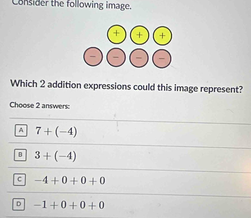 Consider the following image.
Which 2 addition expressions could this image represent?
Choose 2 answers:
A 7+(-4)
B 3+(-4)
C -4+0+0+0
D -1+0+0+0