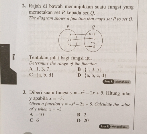 Rajah di bawah menunjukkan suatu fungsi yang
memetakan set P kepada set Q.
The diagram shows a function that maps set P to set Q.
É Tentukan julat bagi fungsi itu.
Determine the range of the function.
A 1, 3, 7 B  1,3,7
C  a,b,d D  a,b,c,d
Aras R Memahami
3. Diberi suatu fungsi y=-x^2-2x+5. Hitung nilai
y apabila x=-3. 
Given a function y=-x^2-2x+5. Calculate the value
of y when x=-3.
A -10 B 2
C 6 D 20
Aras R Mengaplikasi