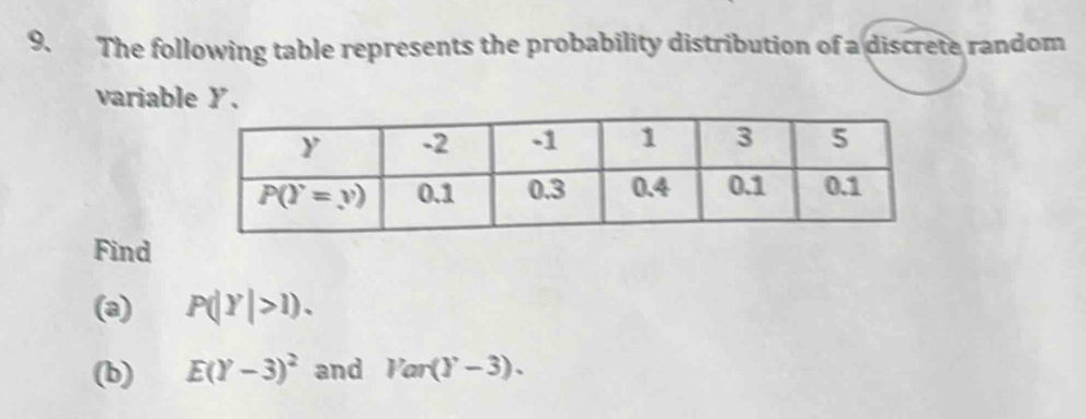 The following table represents the probability distribution of a discrete random
variable Y.
Find
(a) P(|Y|>1).
(b) E(Y-3)^2 and Var(Y-3).