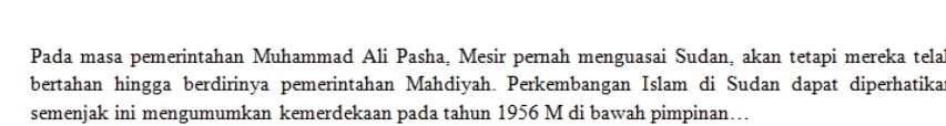 Pada masa pemerintahan Muhammad Ali Pasha, Mesir pernah menguasai Sudan, akan tetapi mereka telaï 
bertahan hingga berdirinya pemerintahan Mahdiyah. Perkembangan Islam di Sudan dapat diperhatikat 
semenjak ini mengumumkan kemerdekaan pada tahun 1956 M di bawah pimpinan…..