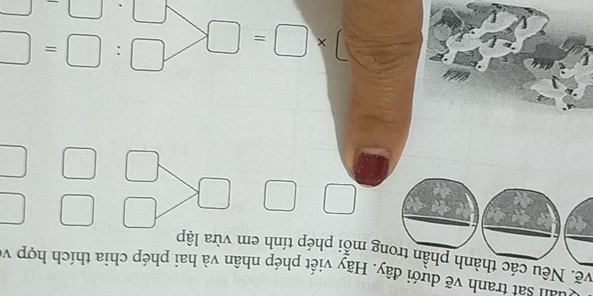 Hậu sat tranh vẽ dưới đây. Hãy viết phép nhân và hai phép chia thích hợp v 
Nẽ. Nêu các thành phần trong mỗi phép tính em vừa lập
□ * □ =□ □ :□ =□