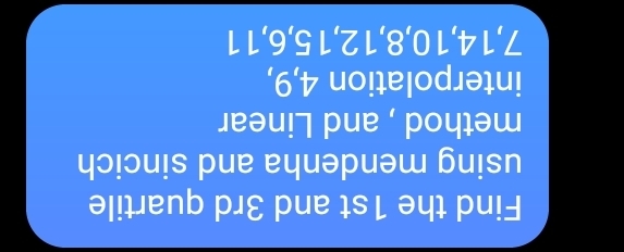 Find the 1st and 3rd quartile 
using mendenha and sincich 
method , and Linear 
interpolation 4, 9,
7, 14, 10, 8, 12, 15, 6, 11