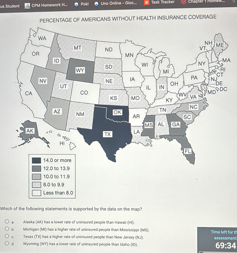 us Student CPM Homework H... Poki Uno Online - Gioc... Task Tracker Chapter 1 Homew...
PERCENTAGE OF AMERICANS WITHOUT HEALTH INSURANCE COVERAGE
A
Which of the following statements is supported by the data on the map?
a Alaska (AK) has a lower rate of uninsured people than Hawaii (HI).
b Michigan (MI) has a higher rate of uninsured people than Mississippi (MS). Time left for th
c Texas (TX) has a higher rate of uninsured people than New Jersey (NJ). assessment:
d Wyoming (WY) has a lower rate of uninsured people than Idaho (ID). 69:34