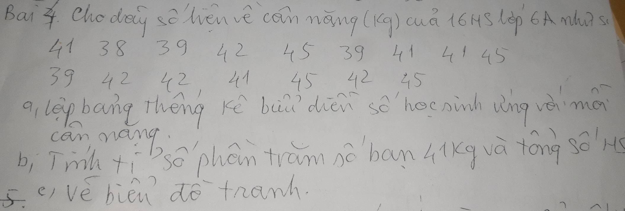 Bai4 choday schenve cān nēng (Kg) cuó 1óHs lep (A màc
41 38 39 42 45 39 41 41 45
39 42 42, 41 45 42 45
a, lep bang theng ké bui diún so hee ninh dèng vè má 
can mang 
bi Tinh yí`bs0 phán tramnoban qikg và tóng so H 
5. ei ve bién do thanh.