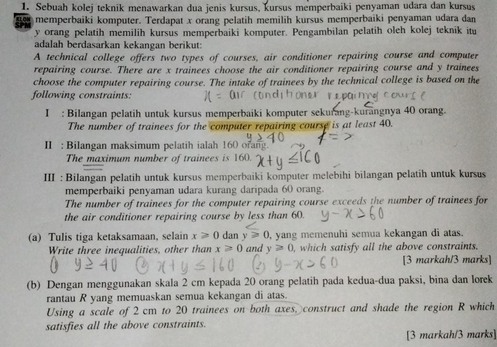 Sebuah kolej teknik menawarkan dua jenis kursus, kursus memperbaiki penyaman udara dan kursus
KL memperbaiki komputer. Terdapat x orang pelatih memilih kursus memperbaiki penyaman udara dan
SP
y orang pelatih memilih kursus memperbaiki komputer. Pengambilan pelatih oleh kolej teknik itu
adalah berdasarkan kekangan berikut:
A technical college offers two types of courses, air conditioner repairing course and computer
repairing course. There are x trainees choose the air conditioner repairing course and y trainees
choose the computer repairing course. The intake of trainees by the technical college is based on the
following constraints:
I : Bilangan pelatih untuk kursus memperbaiki komputer sekurang-kurangnya 40 orang.
The number of trainees for the computer repairing course is at least 40.
II : Bilangan maksimum pelatih ialah 160 orang.
The maximum number of trainees is 160.
III : Bilangan pelatih untuk kursus memperbaiki komputer melebihi bilangan pelatih untuk kursus
memperbaiki penyaman udara kurang daripada 60 orang.
The number of trainees for the computer repairing course exceeds the number of trainees for
the air conditioner repairing course by less than 60.
(a) Tulis tiga ketaksamaan, selain x≥slant 0 dan y≥slant 0 , yang memenuhi semua kekangan di atas.
Write three inequalities, other than x≥slant 0 and y≥slant 0 , which satisfy all the above constraints.
[3 markah/3 marks]
(b) Dengan menggunakan skala 2 cm kepada 20 orang pelatih pada kedua-dua paksi, bina dan lorek
rantau R yang memuaskan semua kekangan di atas.
Using a scale of 2 cm to 20 trainees on both axes, construct and shade the region R which
satisfies all the above constraints.
[3 markah/3 marks]