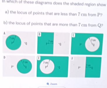 In which of these diagrams does the shaded region show 
a) the locus of points that are less than 7 cm from P? 
b) the locus of points that are more than 7 cm from Q? 
A 
a
7 cm 7cm
pe *Q p.? on * Q P. `Q 
D 
F 
 cm
P QP* 7 cm
Q zoom