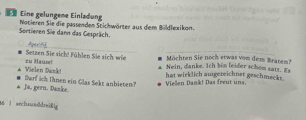 Eine gelungene Einladung 
Notieren Sie die passenden Stichwörter aus dem Bildlexikon. 
Sortieren Sie dann das Gespräch. 
_ 
Setzen Sie sich! Fühlen Sie sich wie _Möchten Sie noch etwas von dem Braten? 
zu Hause! Nein, danke. Ich bin leider schon satt. Es 
Vielen Dank! hat wirklich ausgezeichnet geschmeckt. 
Darf ich Ihnen ein Glas Sekt anbieten? Vielen Dank! Das freut uns. 
Ja, gern. Danke. 
36 | sechsunddreißig