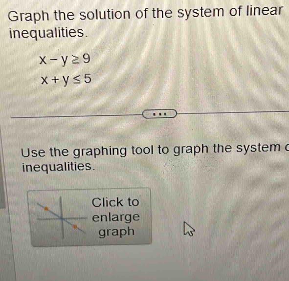 Graph the solution of the system of linear
inequalities.
x-y≥ 9
x+y≤ 5
Use the graphing tool to graph the system c
inequalities.
Click to
enlarge
graph