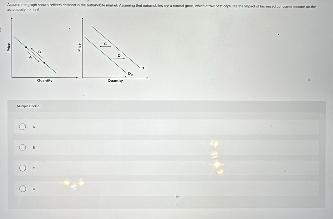 Assume the graph shown reflects demand in the automobile market. Assuming that automobiles are a normal good, which arrow best captures the impact of increased consumer income on the
automobile market?
c
D
D_1
D_0
Quantity
Multiple Choice
A
B
C
D