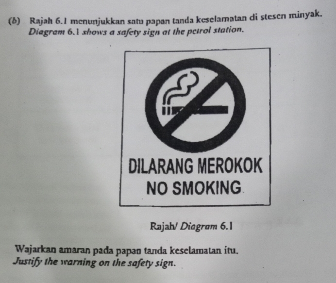 (δ) Rajah 6.1 menunjukkan satu papan tanda keselamatan di stesen minyak. 
Diagram 6.1 shows a safety sign at the petrol station. 
Rajah/ Diagram 6.1 
Wajarkan amaran pada papan tanda keselamatan itu. 
Justify the warning on the safety sign.