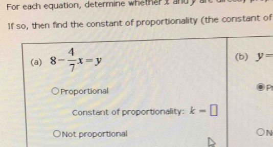 For each equation, determine whethery andy areu
If so, then find the constant of proportionality (the constant of
Pr
N