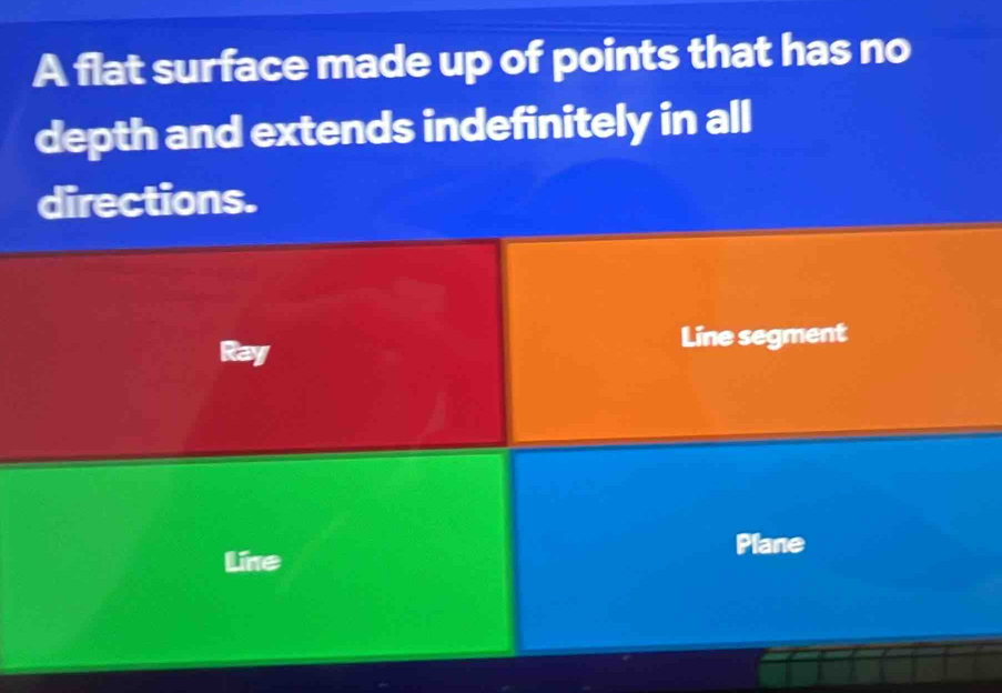 A flat surface made up of points that has no 
depth and extends indefinitely in all 
directions. 
Ray Line segment 
Plane 
Like