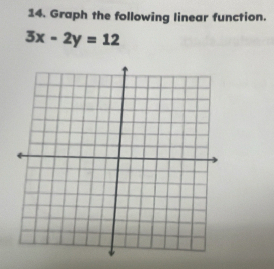 Graph the following linear function.
3x-2y=12