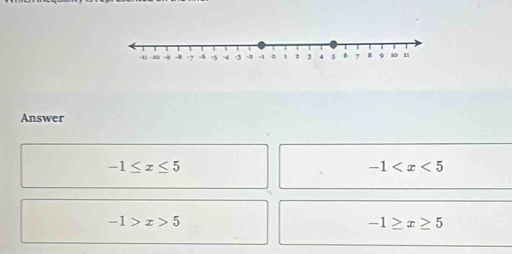 Answer
-1≤ x≤ 5
-1
-1>x>5
-1≥ x≥ 5