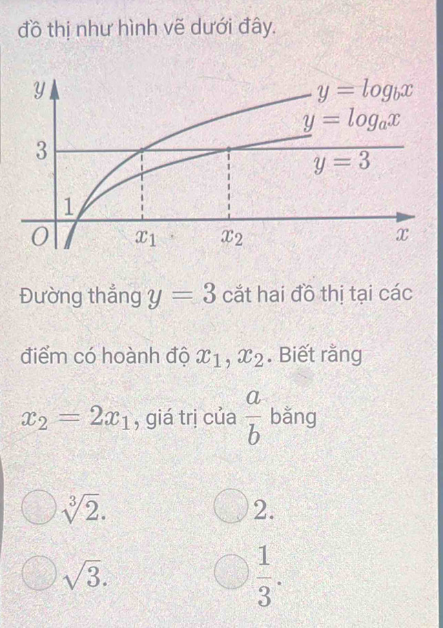 đồ thị như hình vẽ dưới đây.
Đường thẳng y=3 cắt hai đồ thị tại các
điểm có hoành độ x_1,x_2. Biết rằng
x_2=2x_1 , giá trị của  a/b  bǎng
sqrt[3](2).
2.
sqrt(3).
 1/3 .