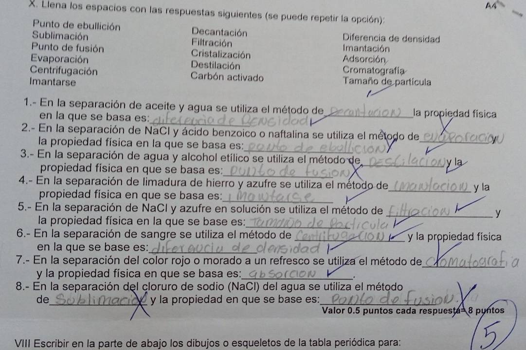 Llena los espacios con las respuestas siguientes (se puede repetir la opción):
Punto de ebullición Decantación Diferencia de densidad
Sublimación Filtración Imantación
Punto de fusión Cristalización Adsorción
Evaporación Destilación Cromatografía
Centrifugación Carbón activado
Imantarse Tamaño de partícula
_
1.- En la separación de aceite y agua se utiliza el método de_ la propiedad física
en la que se basa es:
2.- En la separación de NaCI y ácido benzoico o naftalina se utiliza el método de
_
la propiedad física en la que se basa es:
_
3.- En la separación de agua y alcohol etílico se utiliza el método de
_
propiedad física en que se basa es: _y la
4.- En la separación de limadura de hierro y azufre se utiliza el método de_ y la
propiedad física en que se basa es:_
5.- En la separación de NaCI y azufre en solución se utiliza el método de
_y
la propiedad física en la que se base es:_
6.- En la separación de sangre se utiliza el método de _y la propiedad física
en la que se base es:_
7.- En la separación del color rojo o morado a un refresco se utiliza el método de_
y la propiedad física en que se basa es:_
.
8.- En la separación del cloruro de sodio (NaCI) del agua se utiliza el método
de_
___ y la propiedad en que se base es:_
Valor 0.5 puntos cada respuesta= 8 puntos
VIII Escribir en la parte de abajo los dibujos o esqueletos de la tabla periódica para: