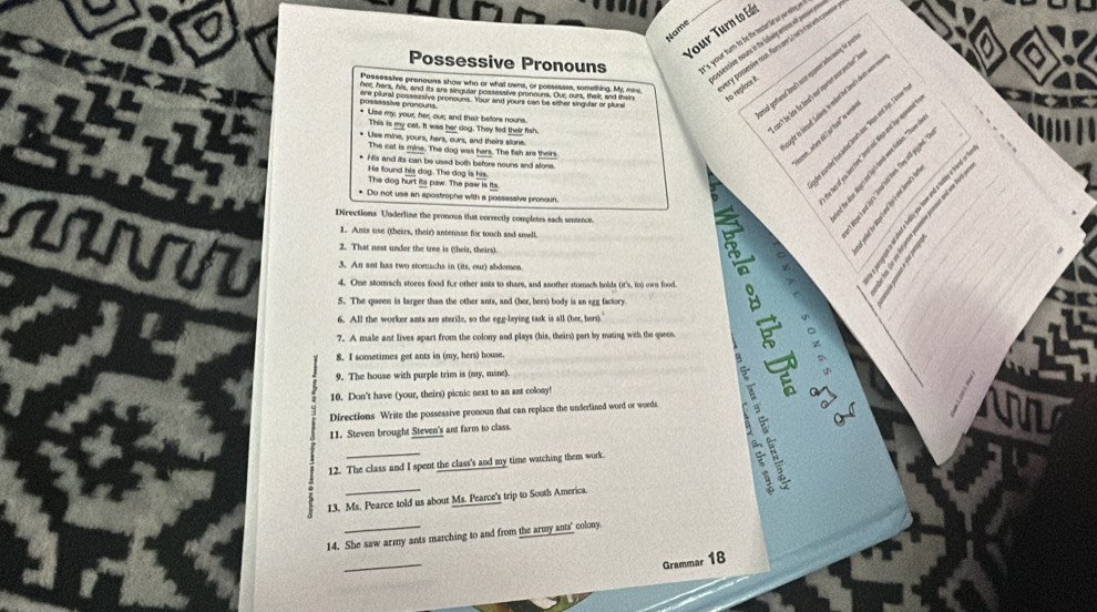 Your Turn to di
Name
Possessive Pronouns _s your turn to he the ieter fe or oe alng .
assessive mouns in the folbaing antie iff pemin  n
al gorthered haned's moe eppmer intie nwing for po
ry possessive noun Aur ses ur a   so replace it
Possessive pronoums show who or what owns, or possssses, something. My, mins,
possessive pronouns. * Use my, your, her, our; and their beore nouns.
ns 't be late for Jomen's mot inportent woar prechent"
This is my cat. It was her dog. They fed their fish.
* Use mine, yours, hers, ours, and theirs slone.
fot to himsoe. Serborck, he morioed hat Demadf'o deats wan
cundled fom dein' Jome's don. "Wayn ant Ays. I is
The cat is mine. The dog was hers. The fish are theirs
m where did I sat huel" m w.
* His and its can be used both before nouns and slone
He found his dog. The dog is his.
The dog hurt its paw. The paw is its
* Do not use an apostrophe with a possessive pronoun.
               
.     
1. Ants use (theirs, their) anternse for woch and smell. 5 w  
Directions Underline the peonoun that correctly completes each sentence
2. That nest under the tree is (their, theirs)
         
3. An ant has two stomachs in (its, our) abdomen.
` ~ 
4. One stomach stores food fur other ants to share, and another stomsch holds (it's, i) own food
5. The queen is larger than the other ants, and (her, hers) body is an egg factory.
6. All the worker ants are sterile, so the egg-laying task is all (her, hers)."
7. A male ant lives apart from the colony and plays (his, theirs) part by mating with the queen.
8. I sometimes get ants in (my, hers) house.
9. The house with purple trim is (my, mine).
10. Don't have (your, theirs) picnic next to an ant colony!
7 z
Directions Write the possessive pronoun that can replace the underlined word or woeds    
0 (
11. Steven brought Steven's ant farm to class.
12. The class and I spent the class's and my time watching them work.
13. Ms. Pearce told us about Ms. Pearce's trip to South America.
14. She saw army ants marching to and from the army ants' colony
_
Grammar 18