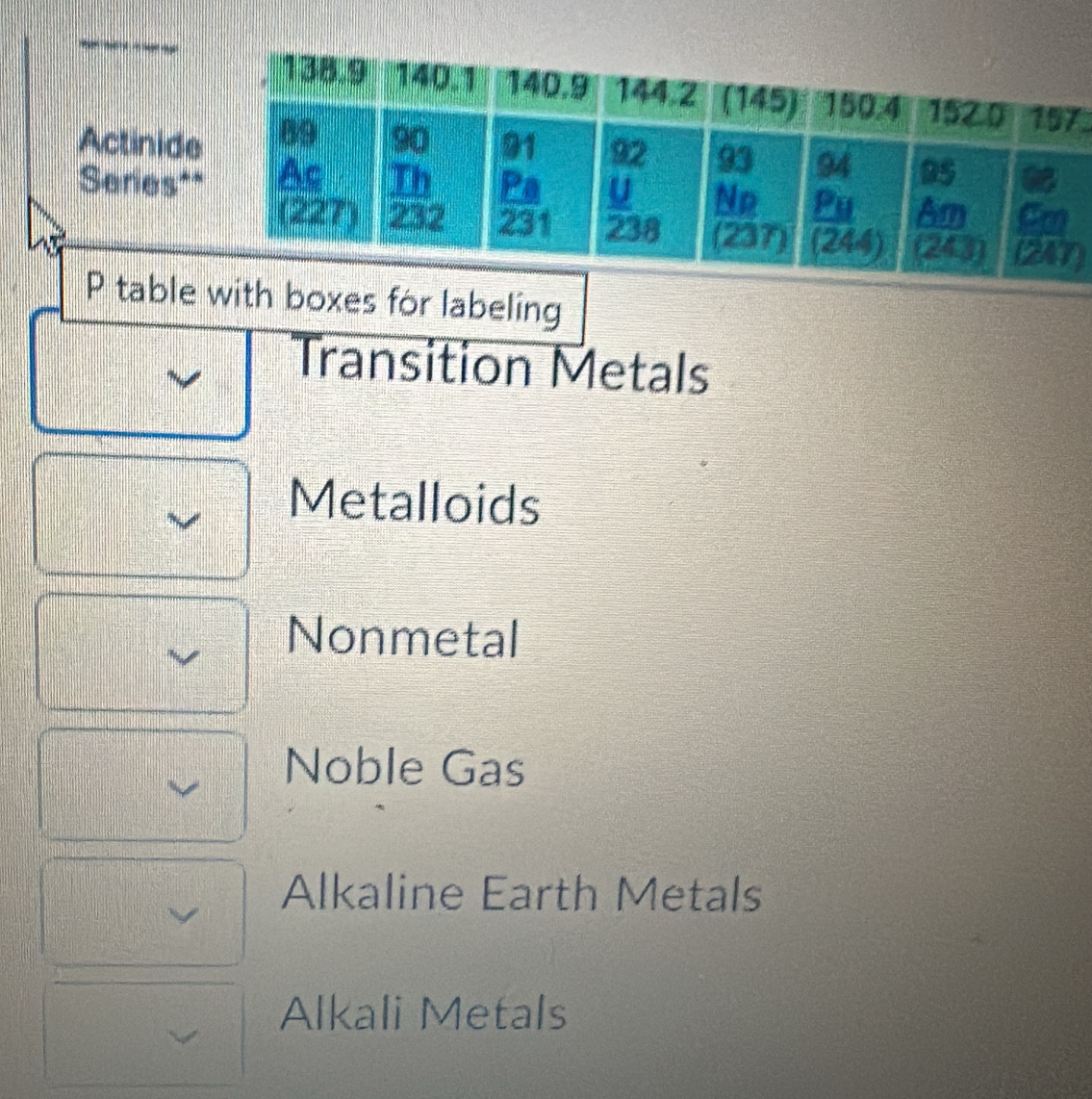 Actinid
Series*
)
P table labeling
Transition Metals
Metalloids
Nonmetal
Noble Gas
Alkaline Earth Metals
Alkali Metals