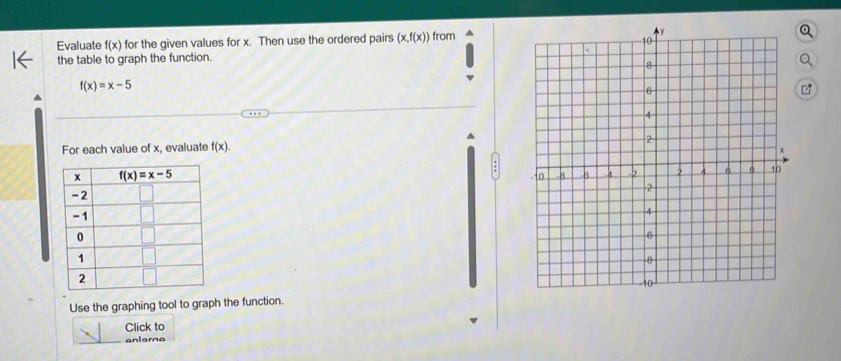 Evaluate f(x) for the given values for x. Then use the ordered pairs (x,f(x)) from
the table to graph the function.
f(x)=x-5
For each value of x, evaluate f(x)
Use the graphing tool to graph the function.
Click to
anlema