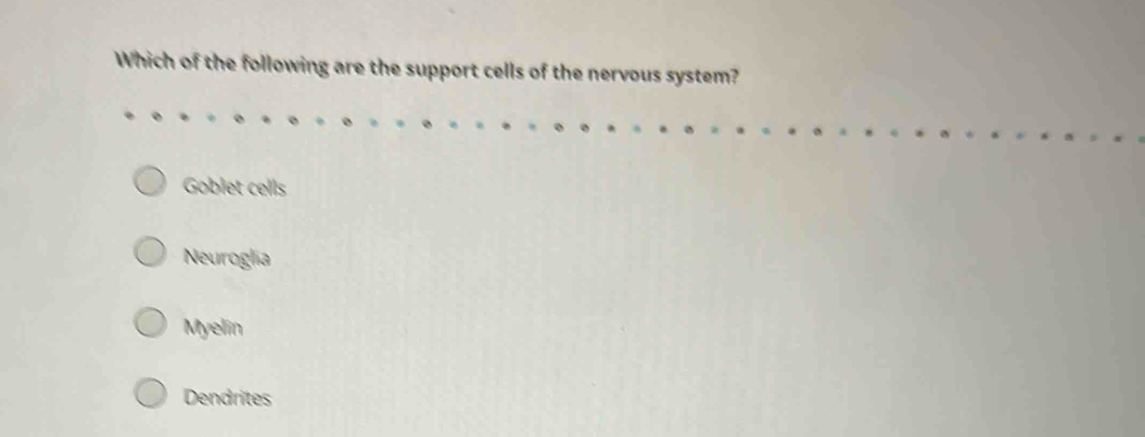 Which of the following are the support cells of the nervous system?
Goblet cells
Neuroglia
Myelin
Dendrites