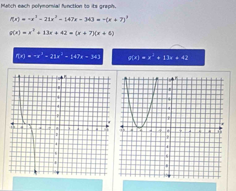 Match each polynomial function to its graph.
f(x)=-x^3-21x^2-147x-343=-(x+7)^3
g(x)=x^2+13x+42=(x+7)(x+6)
f(x)=-x^3-21x^2-147x-343 g(x)=x^2+13x+42