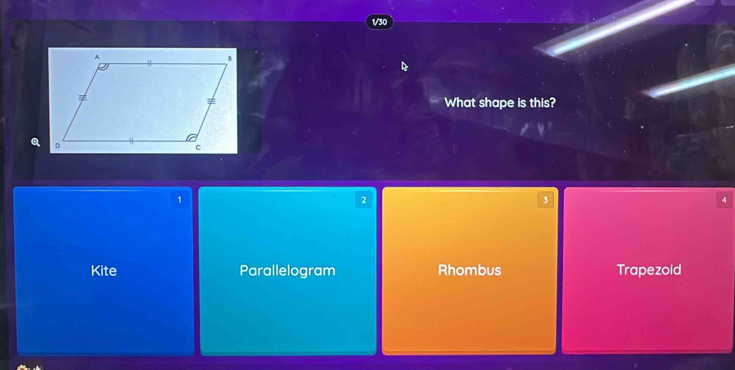 What shape is this?
1
2
4
Kite Parallelogram Rhombus Trapezoid