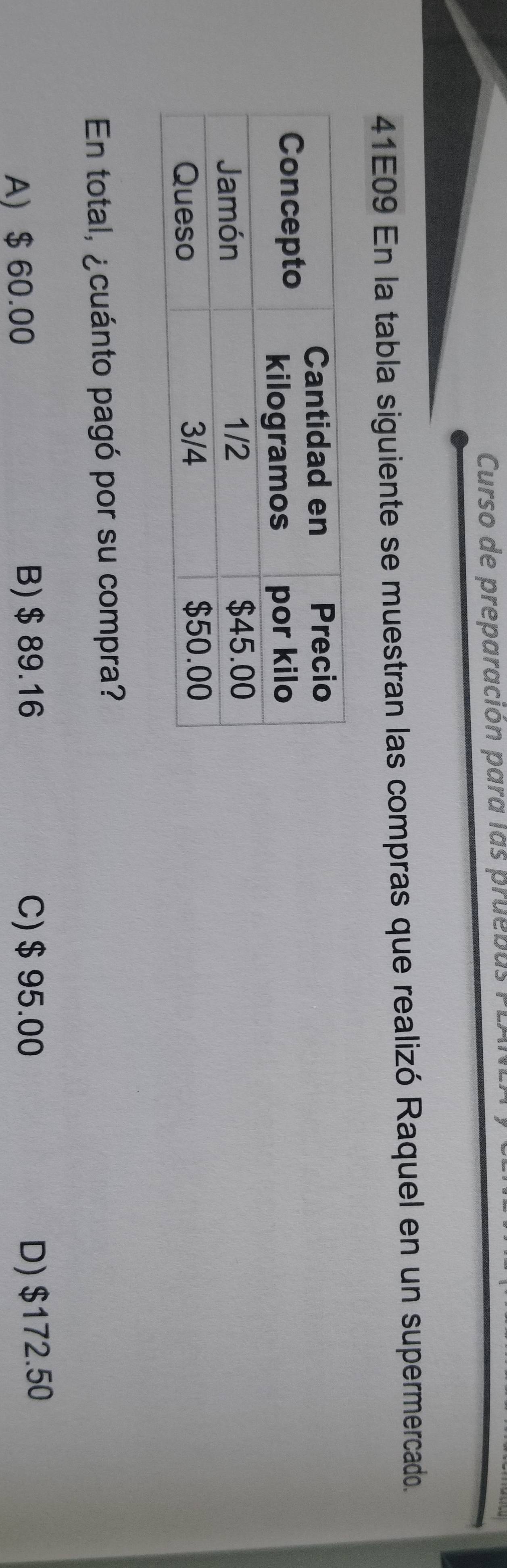 Curso de preparación para las pruebus
41E09 En la tabla siguiente se muestran las compras que realizó Raquel en un supermercado.
En total, ¿cuánto pagó por su compra?
A $ 60.00 B) $ 89.16 C) $ 95.00
D) $172.50