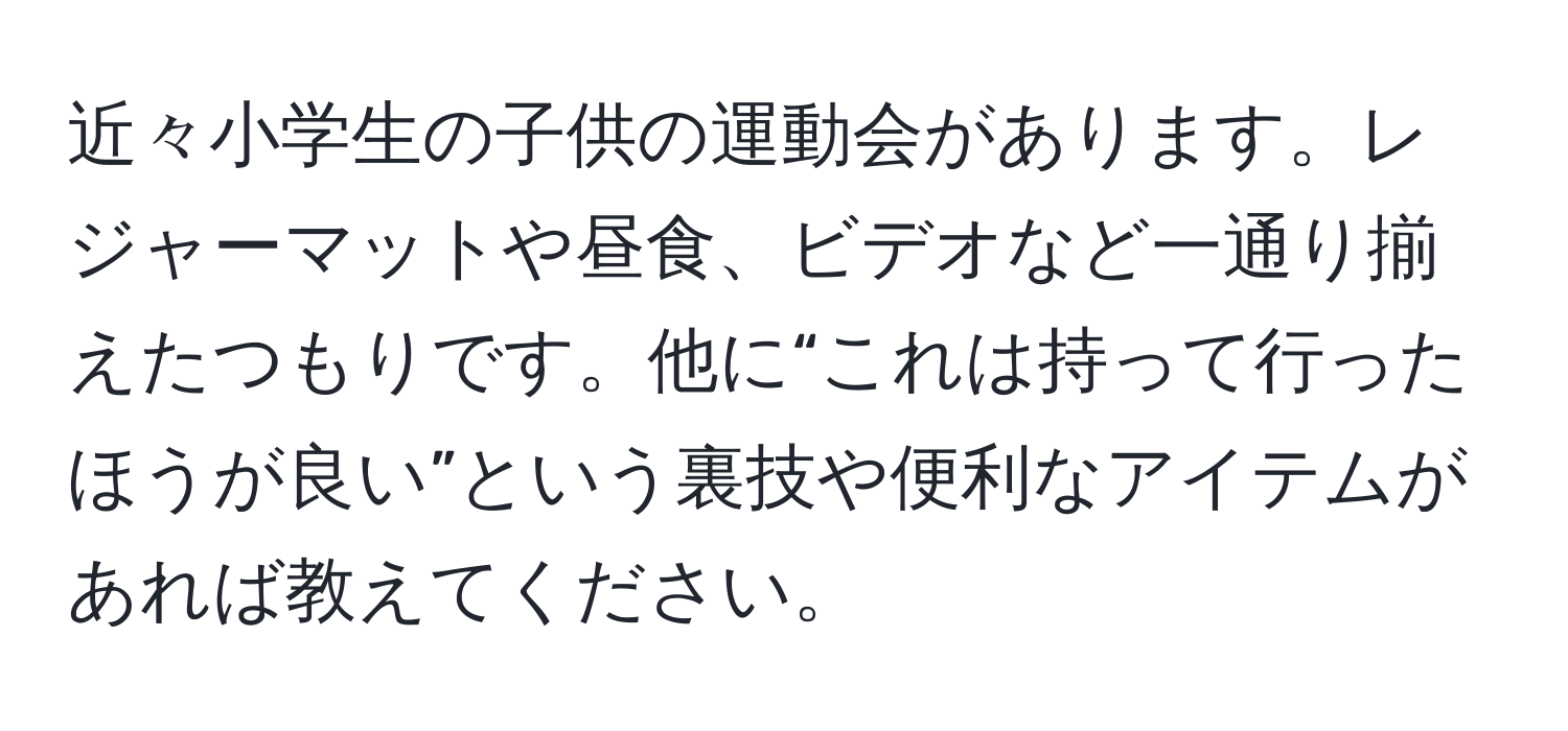 近々小学生の子供の運動会があります。レジャーマットや昼食、ビデオなど一通り揃えたつもりです。他に“これは持って行ったほうが良い”という裏技や便利なアイテムがあれば教えてください。