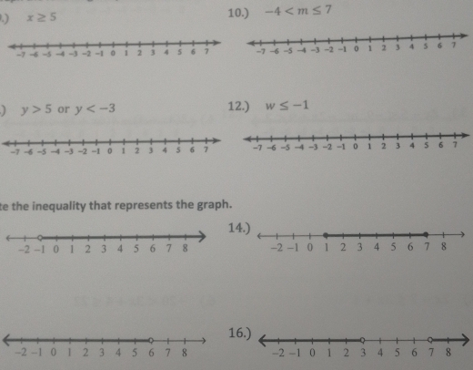 .) x≥ 5 10.) -4 . ) y>5 or y 12.) w≤ -1
te the inequality that represents the graph.