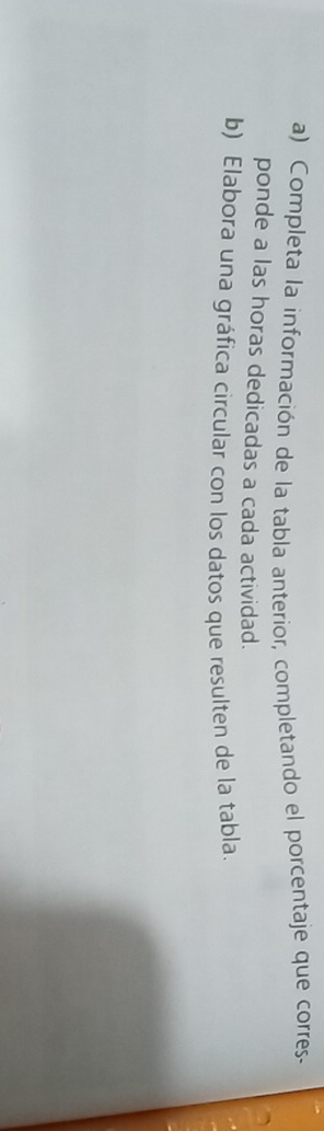 Completa la información de la tabla anterior, completando el porcentaje que corres- 
ponde a las horas dedicadas a cada actividad. 
b) Elabora una gráfica circular con los datos que resulten de la tabla.