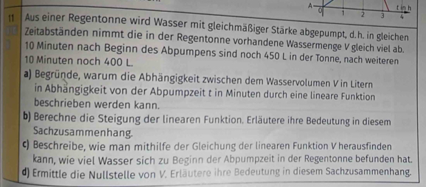 in h
0 1 2 3 4
11 Aus einer Regentonne wird Wasser mit gleichmäßiger Stärke abgepumpt, d. h. in gleichen 
Zeitabständen nimmt die in der Regentonne vorhandene Wassermenge V gleich viel ab.
10 Minuten nach Beginn des Abpumpens sind noch 450 L in der Tonne, nach weiteren
10 Minuten noch 400 L. 
a) Begründe, warum die Abhängigkeit zwischen dem Wasservolumen V in Litern 
in Abhängigkeit von der Abpumpzeit t in Minuten durch eine lineare Funktion 
beschrieben werden kann. 
b) Berechne die Steigung der linearen Funktion. Erläutere ihre Bedeutung in diesem 
Sachzusammenhang. 
c) Beschreibe, wie man mithilfe der Gleichung der linearen Funktion V herausfinden 
kann, wie viel Wasser sich zu Beginn der Abpumpzeit in der Regentonne befunden hat. 
d) Ermittle die Nullstelle von V. Erläutere ihre Bedeutung in diesem Sachzusammenhang.