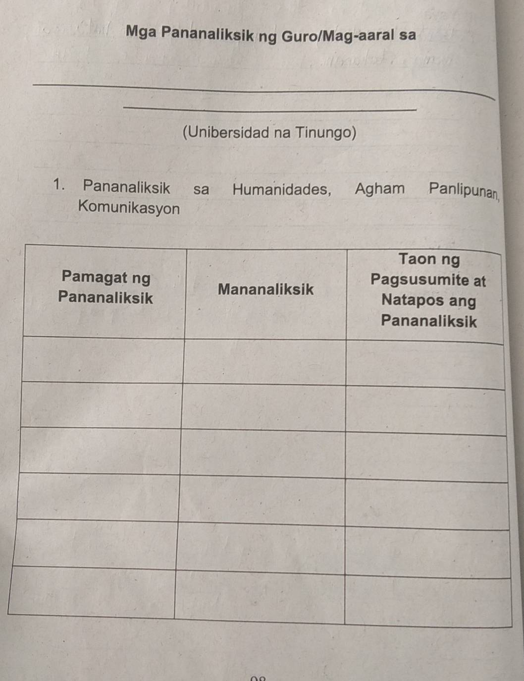 Mga Pananaliksik ng Guro/Mag-aaral sa 
_ 
_ 
_ 
(Unibersidad na Tinungo) 
1. Pananaliksik sa Humanidades, Agham Panlipunan 
Komunikasyon