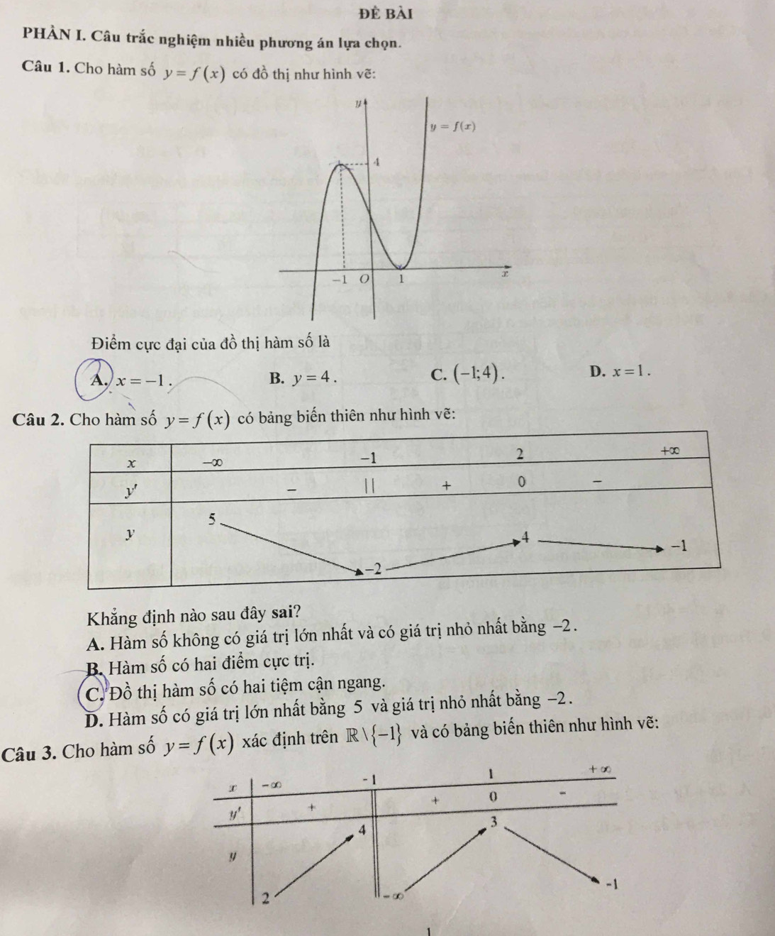 để bài
PHÀN I. Câu trắc nghiệm nhiều phương án lựa chọn.
Câu 1. Cho hàm số y=f(x) có đồ thị như hình vẽ:
Điểm cực đại của đồ thị hàm số là
B.
A, x=-1. y=4.
C. (-1;4).
D. x=1.
Câu 2. Cho hàm số y=f(x) có bảng biến thiên như hình vẽ:
Khẳng định nào sau đây sai?
A. Hàm số không có giá trị lớn nhất và có giá trị nhỏ nhất bằng −2 .
B Hàm số có hai điểm cực trị.
C. Đồ thị hàm số có hai tiệm cận ngang.
D. Hàm số có giá trị lớn nhất bằng 5 và giá trị nhỏ nhất bằng −2 .
Câu 3. Cho hàm số y=f(x) xác định trên Rvee  -1 và có bảng biến thiên như hình vẽ: