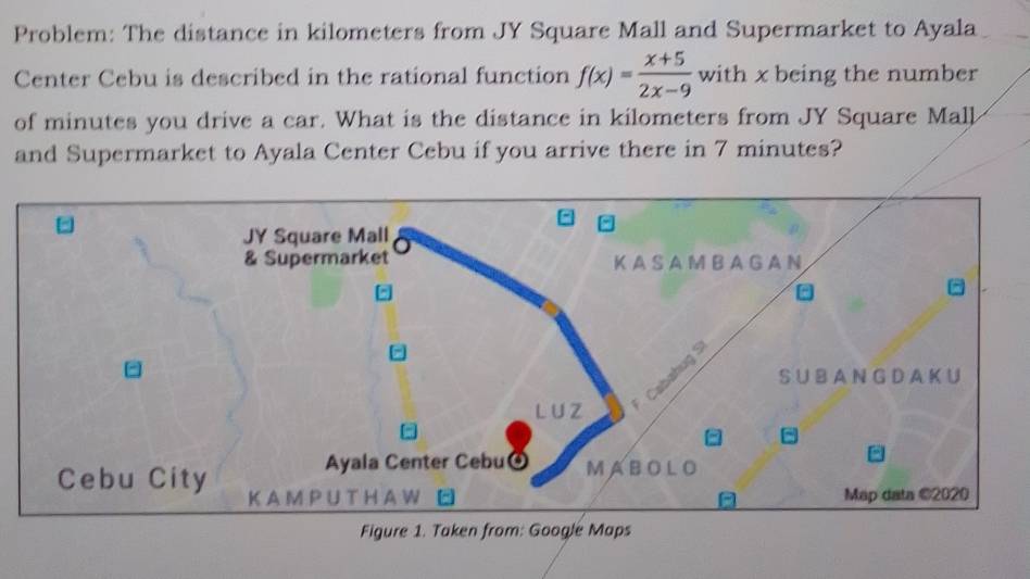 Problem: The distance in kilometers from JY Square Mall and Supermarket to Ayala 
Center Cebu is described in the rational function f(x)= (x+5)/2x-9  with x being the number 
of minutes you drive a car. What is the distance in kilometers from JY Square Mall 
and Supermarket to Ayala Center Cebu if you arrive there in 7 minutes?