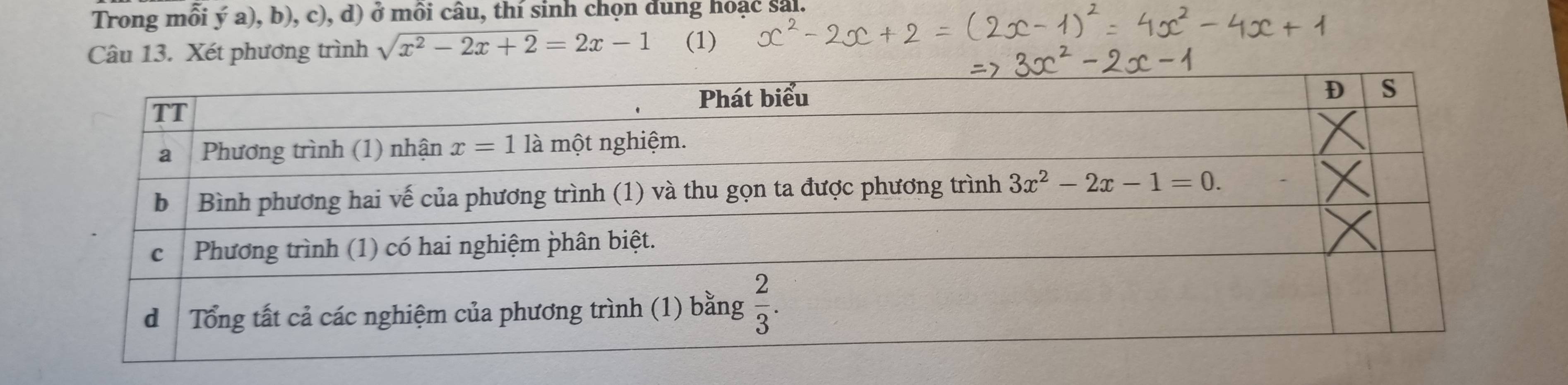 Trong mỗi ý a), b), c), d) ở mồi câu, thí sinh chọn dung hoạc sai.
Câu 13. Xét phương trình sqrt(x^2-2x+2)=2x-1 (1)