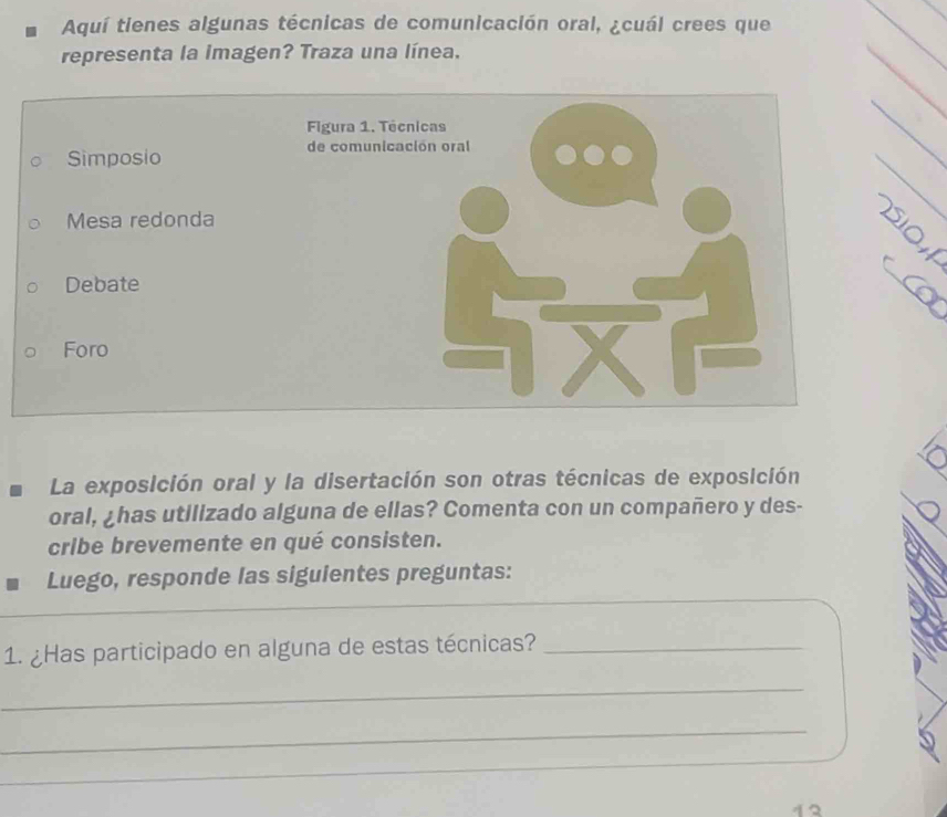 Aquí tienes algunas técnicas de comunicación oral, ¿cuál crees que 
representa la imagen? Traza una línea. 
_ 
La exposición oral y la disertación son otras técnicas de exposición 
oral, ¿has utilizado alguna de ellas? Comenta con un compañero y des- 
cribe brevemente en qué consisten. 
Luego, responde las siguientes preguntas: 
1. ¿Has participado en alguna de estas técnicas?_ 
_ 
_ 
_ 
4 2