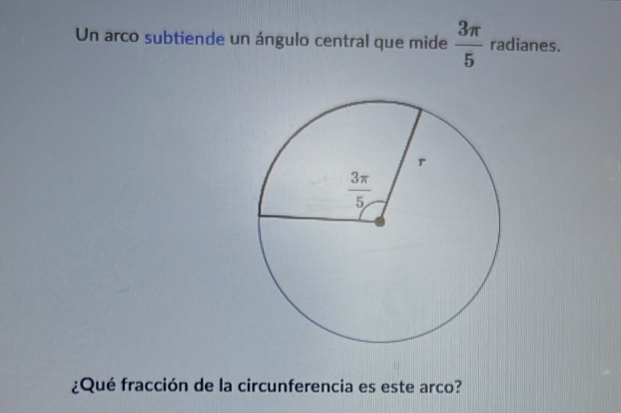 Un arco subtiende un ángulo central que mide  3π /5  radianes.
¿Qué fracción de la circunferencia es este arco?