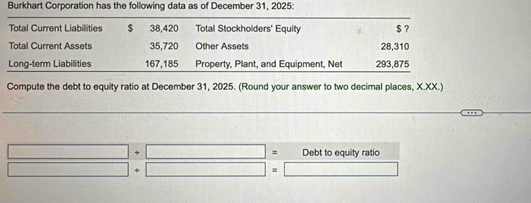 Burkhart Corporation has the following data as of December 31, 2025: 
Total Current Liabilities $ 38,420 Total Stockholders' Equity $ ? 
Total Current Assets 35,720 Other Assets 28,310
Long-term Liabilities 167,185 Property, Plant, and Equipment, Net 293,875
Compute the debt to equity ratio at December 31, 2025. (Round your answer to two decimal places, X.XX.)
□ +□ = Debt to equity ratio
□ +□ =□