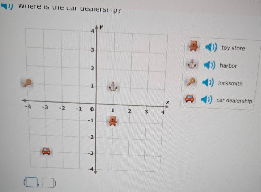 where is the car dealership ? 
toy store 
harbor 
locksmith 
car dealership
(□ ,□ )