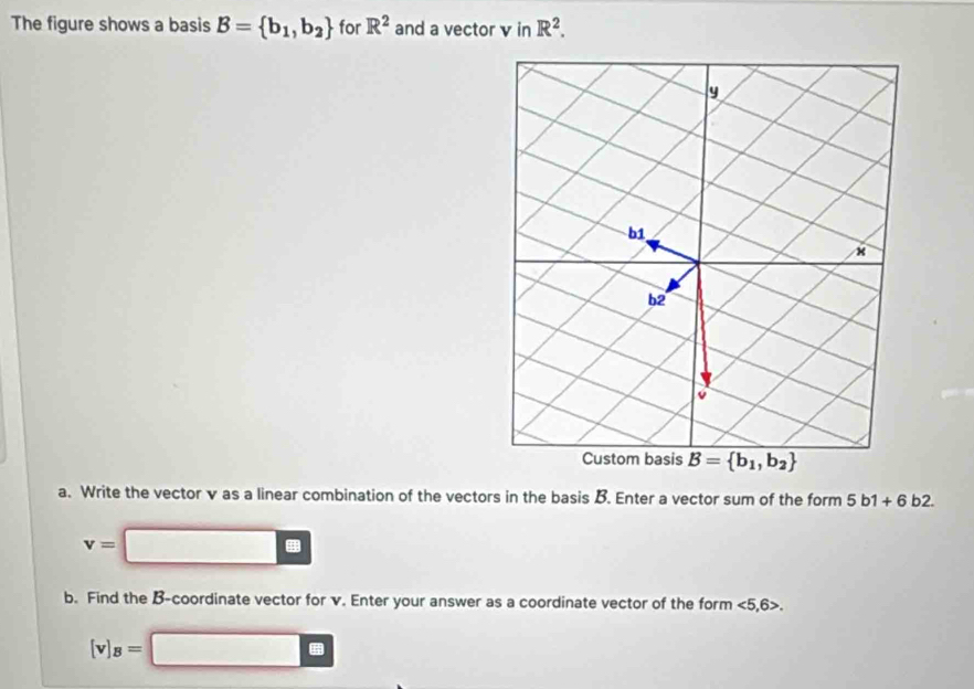 The figure shows a basis B= b_1,b_2 for R^2 and a vector v in R^2.
y
b1,
b2
6
Custom basis B= b_1,b_2
a. Write the vector v as a linear combination of the vectors in the basis B. Enter a vector sum of the form 5b1+6b2.
v=
≌ 
b. Find the B -coordinate vector for v. Enter your answer as a coordinate vector of the form <5,6>.
[v]_B= | □ □