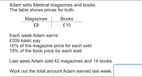 Solved: Adam sells Medical magazines and books. The table shows prices ...